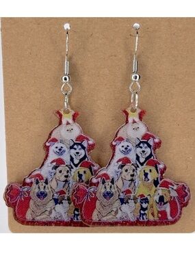 Dog Christmas Tree Dangle Earrings Acrylic 2D Fashion Jewelry